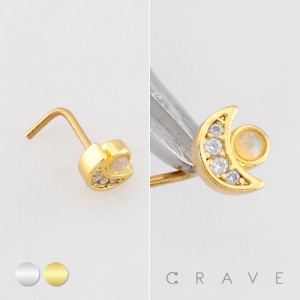 MULTI CZ CELESTIAL CRESCENT MOON WITH OPAL BEZEL 316L SURGICAL STEEL L-SHAPE NOSE RING
